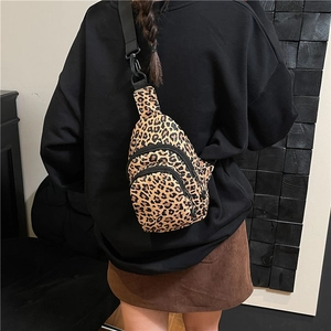 Japanese style leopard print chest bag with multiple pockets and adjustable black strap