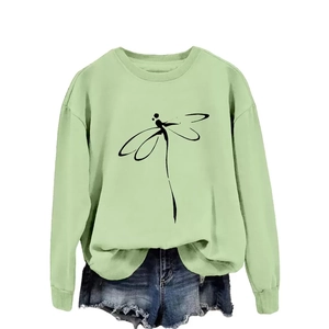 Women's light green crewneck sweatshirt featuring a minimalist black dragonfly line art