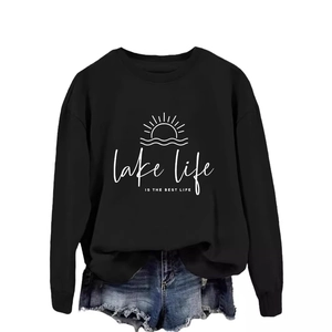 Women's black lake life crewneck sweatshirt with white graphic print and sun waves