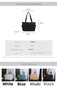 Detailed size guide and specifications for the quilted tote bag with dimensions and colors
