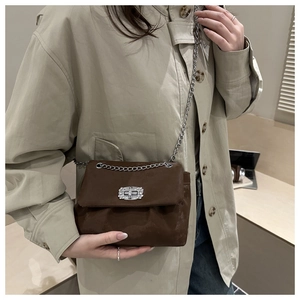 Detail of a dark brown crossbody bag with silver chain strap and rhinestone clasp