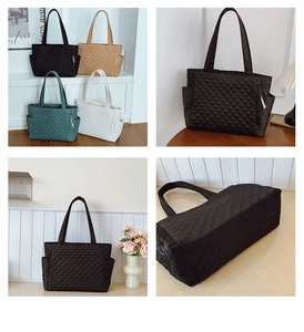 Detailed views of quilted tote bags in four colors showing side pockets and base