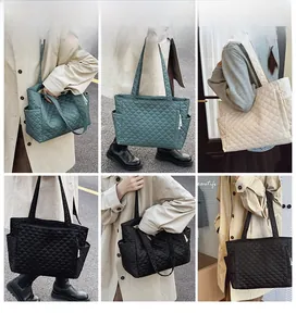 Quilted tote bags in black, beige and green colors shown in different angles and styles