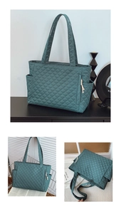 Detail of dark teal quilted tote bag showing rhombus stitching and shoulder straps