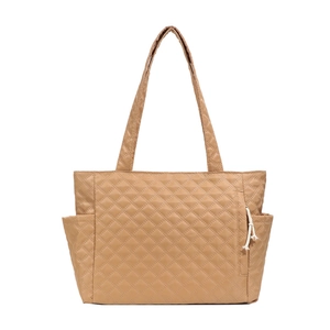 Khaki quilted nylon tote bag with large capacity and multiple pockets on white background