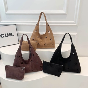 Women Suede Laser Cut Flower Hollow Shoulder Bag Set Vintage Hobo Tote Bag Large Capacity Crossbody Bag With Inner Pouch Purse