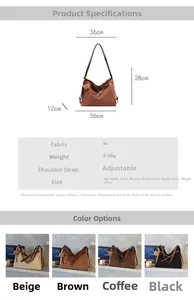 Size chart showing large PU shoulder bag dimensions 36x28x12cm in four neutral colors