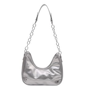 Silver hobo shoulder bag with metallic finish, chain strap and rivet details
