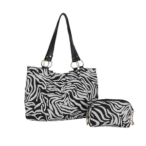 Minimalist zebra print tote bag and small pouch set with black straps and metal rings