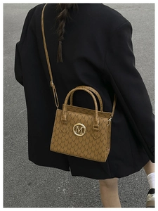 Brown monogram shoulder bag with gold logo shown on model in outdoor setting