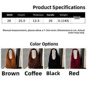 Detailed size chart and dimensions for large capacity fringe suede tote handbag