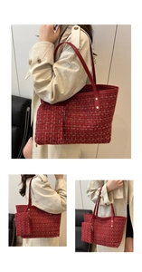 Detail of red tweed tote bag with gold thread patterns and matching small pouch bag