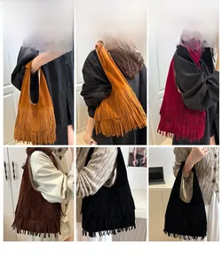 Showcase of multi-color fringe tote bags in brown, wine, and black on model shoulders