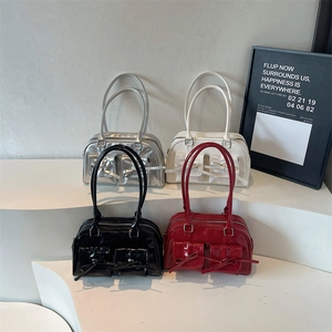 Sac à Bandoulière en Cuir PU Haute Brillance Rétro pour Femmes Avec Décoration de Nœud Grande Capacité Sac à Main à la Mode