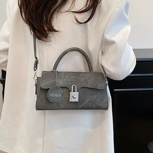 Retro grey textured crossbody bag with silver square lock and marble pattern finish