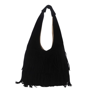 Retro black suede fringe shoulder bag with bohemian tassels and minimalist design