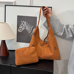 Sac Fourre-Tout Femme en PU Givré Texture Daim Découpe Laser Floral Hobo Sac à Main Grande Capacité Tote Et Pochette