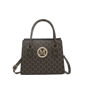 Borsa a mano in pelle sintetica marrone scuro con stampa M e logo in metallo dorato