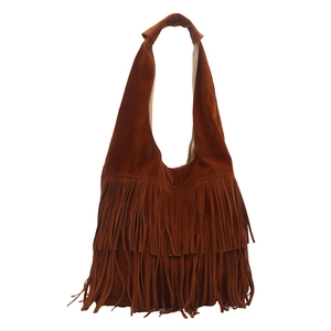 Borsa tote retrò in pelle scamosciata marrone scuro con nappe boho e tracolla larga
