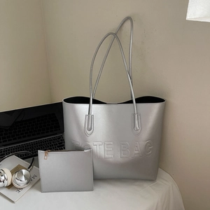 Large Capacity PU Leather Tote Bag Embossed Lettering Urban Simple Commuter Shoulder Handbag Retro Fashion