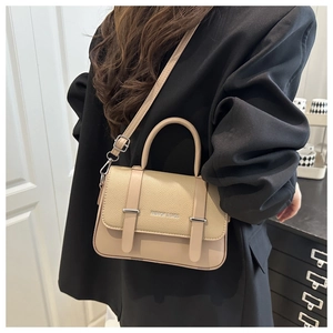Close-up of beige box bag with litchi grain texture and Fashion & Bags metal buckle detail