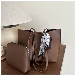 Deep brown pleated leather tote bag set with silk scarf detail and inner pouch