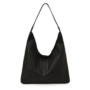 Large vintage black woven shoulder tote bag for women with minimalist hobo silhouette