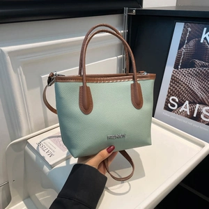 Women Minimalist Litchi Texture PU Leather Bucket Bag Contrast Color Commute Shoulder Crossbody Handbag For Daily Fashion