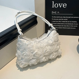 3D Rose Flower Shoulder Bag Romantic Mesh Floral Underarm Handbag Zipper Closure Elegant Wedding Party Purse For Women