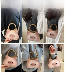 Detail shots of pink cat-eared crossbody bag showing strap attachments and model styling