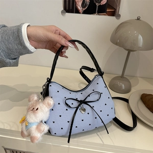 Women Sweet Cool Bowknot Crescent Crossbody Bag Y2K Contrast Color Striped Heart Heart Pendant Underarm Shoulder Bag With Plush Charm
