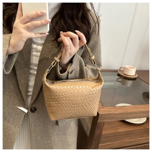 Detail of light brown woven leather handbag with metallic hardware and zipper