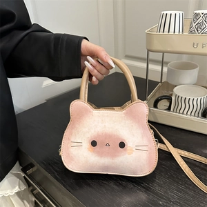 Cute Cartoon Cat Kitten Shaped Handbag Pink Gradient PU Leather Crossbody Shoulder Bag Mini Fashion For Girls Women
