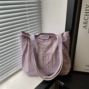 Women Large Capacity Pleated Nylon Tote Bag Casual Solid Color Shoulder Bag For Commuting Fashion Letter Label Underarm Bag