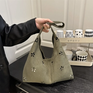Sac Cabas en Suède pour Femmes Coupe au Laser Motif Floral Ajouré Sac à Épaule Grande Capacité Rétro Sac Sous le Bras Style Coréen
