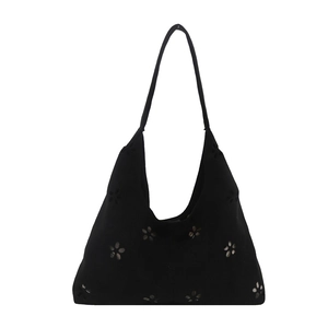 Sac hobo rétro en daim noir avec motifs floraux découpés au laser et grande capacité