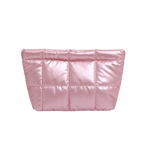 Chic pink quilted puffer clutch bag with metallic shimmer fabric for women's 2025 fashion