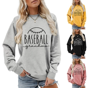 Detail view of round neck sweatshirt showing baseball grandma print and color options