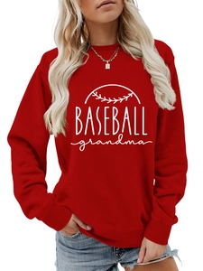 Close-up of red Baseball Grandma sweatshirt with ribbed cuffs and white artistic lettering