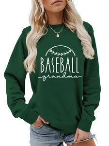 Detail of Baseball Grandma print and ribbed crewneck on dark green cotton sweatshirt