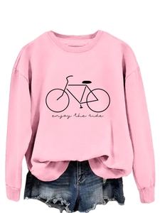 Pink crew neck sweatshirt with black bicycle print and 'enjoy the ride' text detail