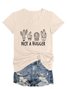 Detail of V-neck beige T-shirt featuring hand-drawn cactus print and Not a Hugger text