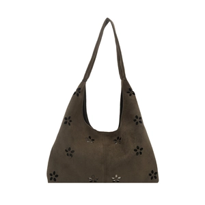 Retro dunkelbraune Hobo-Schultertasche aus Wildleder mit Laser-Cut-Blumen für den Alltag