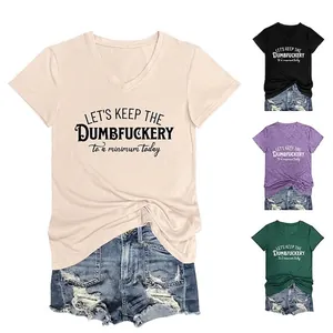 Maglietta da Donna Casual in Misto Cotone con Scollo a V a Maniche Corte con Stampa di Lettere e Nodo all'Orlo Top Estivo Streetwear