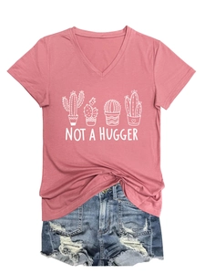 Flat lay of pink V-neck T-shirt with cactus print and ripped denim shorts outfit set