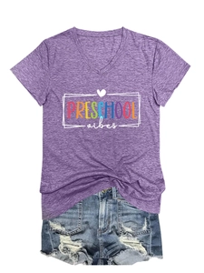 Detail of purple V-neck t-shirt with Preschool Vibes print and cotton blend texture