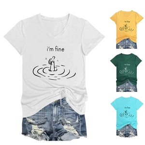 Detail of V-neck cotton T-shirt featuring I'm Fine graphic print in multiple colors