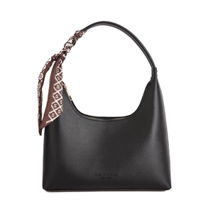 Minimalist black crescent shoulder bag in matte leather with decorative printed silk scarf