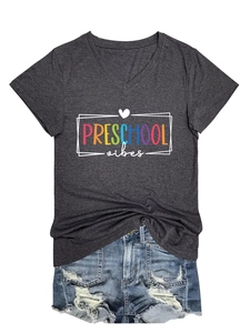Detail view of charcoal V-neck T-shirt with Preschool Vibes print and denim shorts