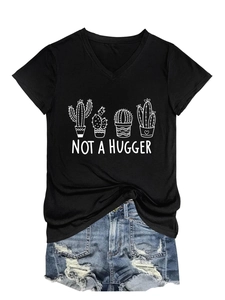 Detail view of V-neck cotton T-shirt featuring cactus print and Not a Hugger text
